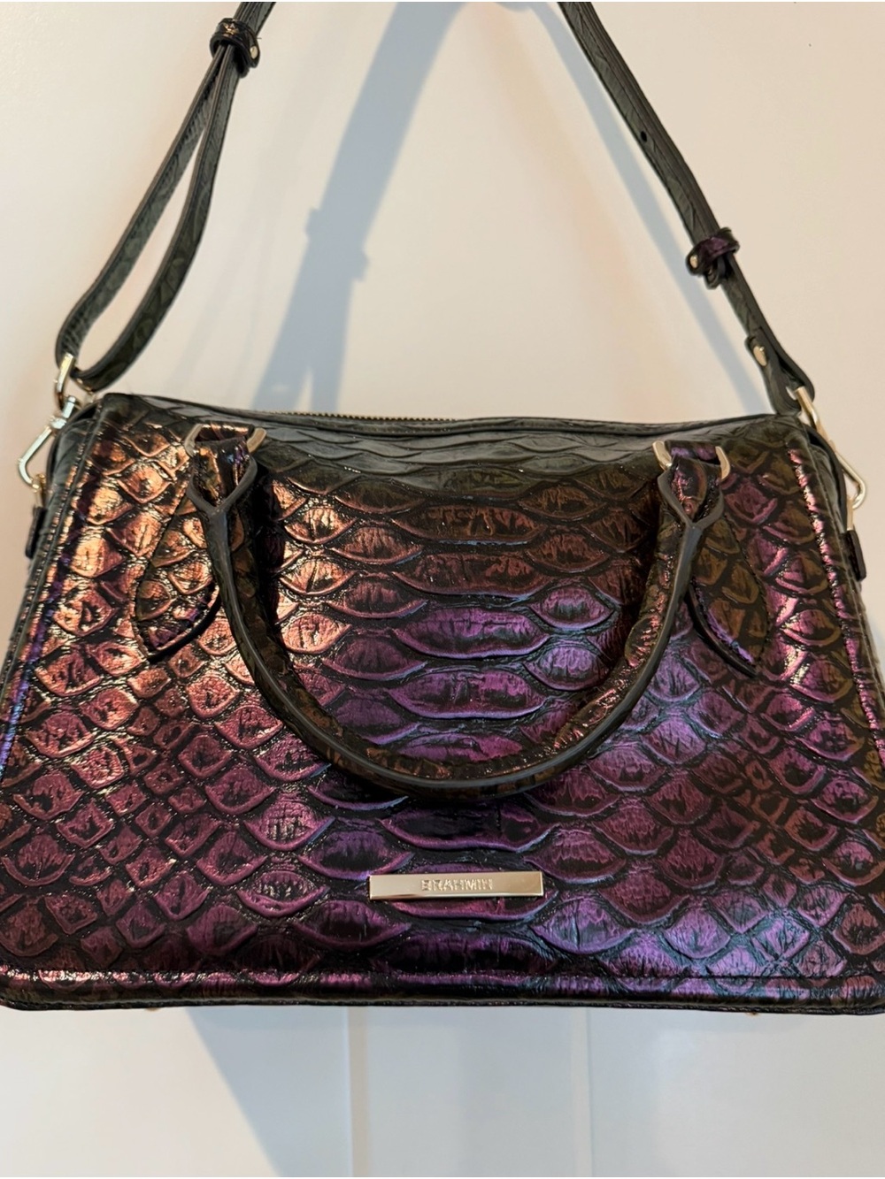 Brahmin Iridescent Purple Embossed Satchel Handbag